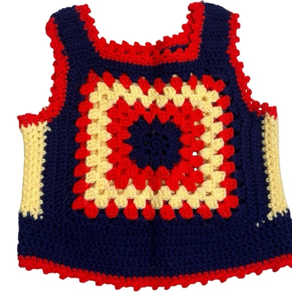 Handmade Other - 70s Vintage Crochet HIPPIE Child's Sweater Vest Shirt Granny Square Sz 6/8 S *se